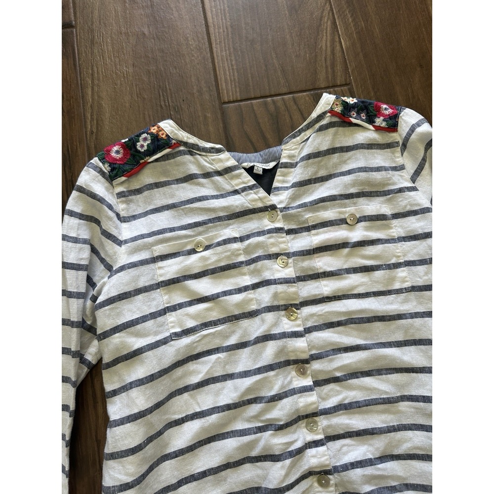John Mark Linen Striped Floral Embroidered Patchwork Button Down Shirt Large
